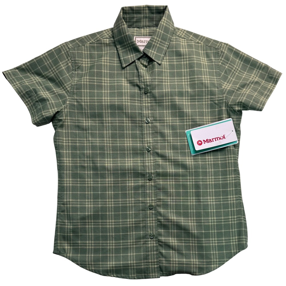 Marmot Arex Novelty Short Sleeve Shirt Agate Green Plaid Hiking Top Womens XS